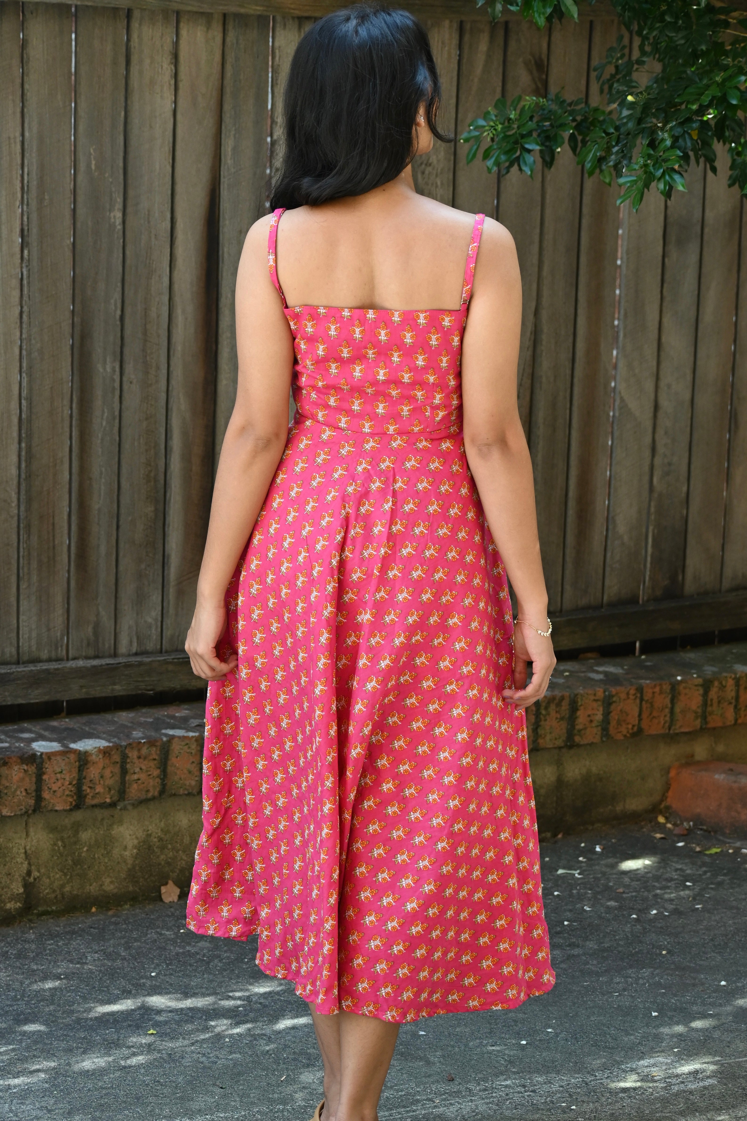 Gulab - A line midi handblock printed cotton dress