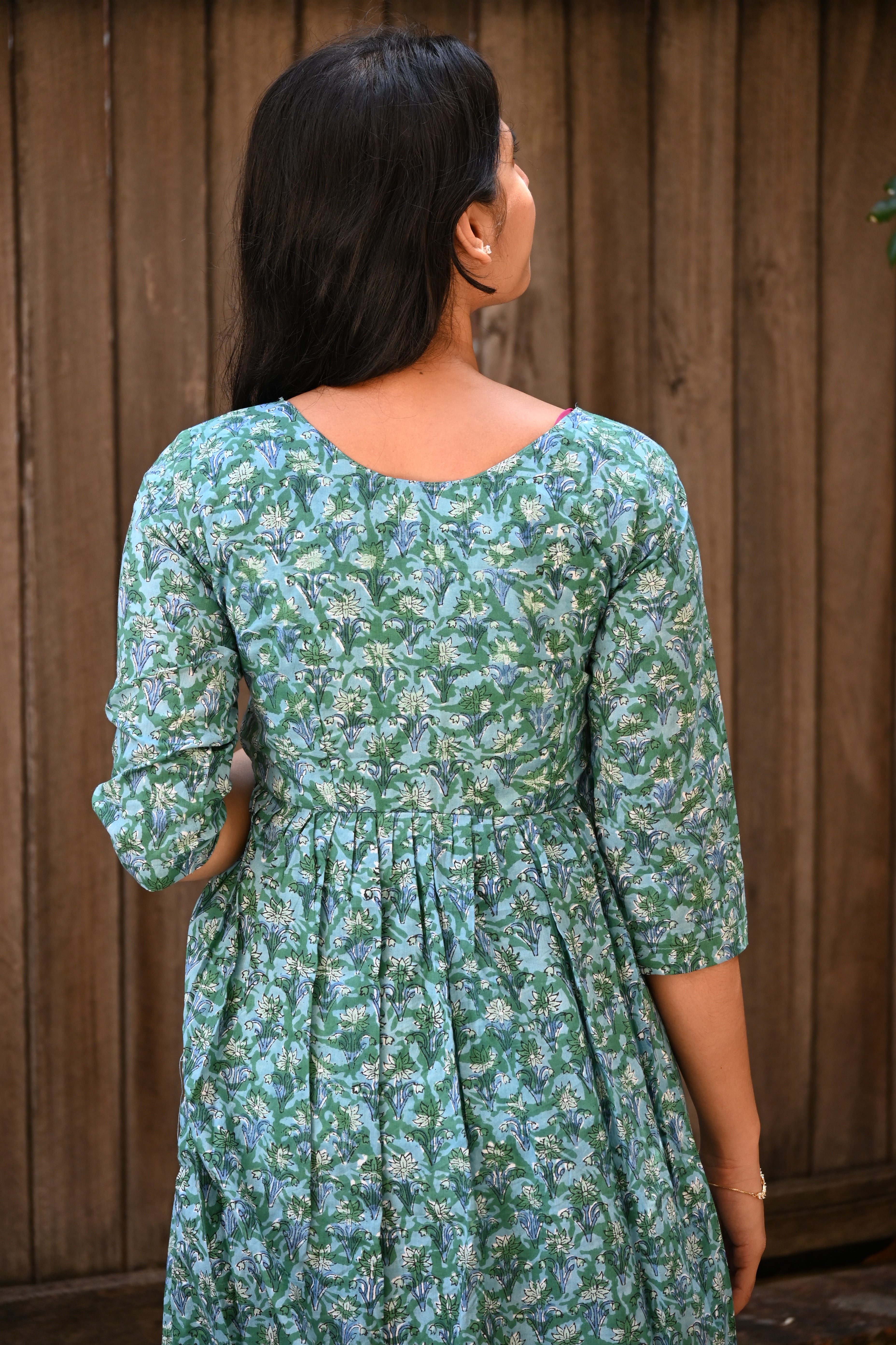 Neela - empire waist flared handblock printed cotton midi dress